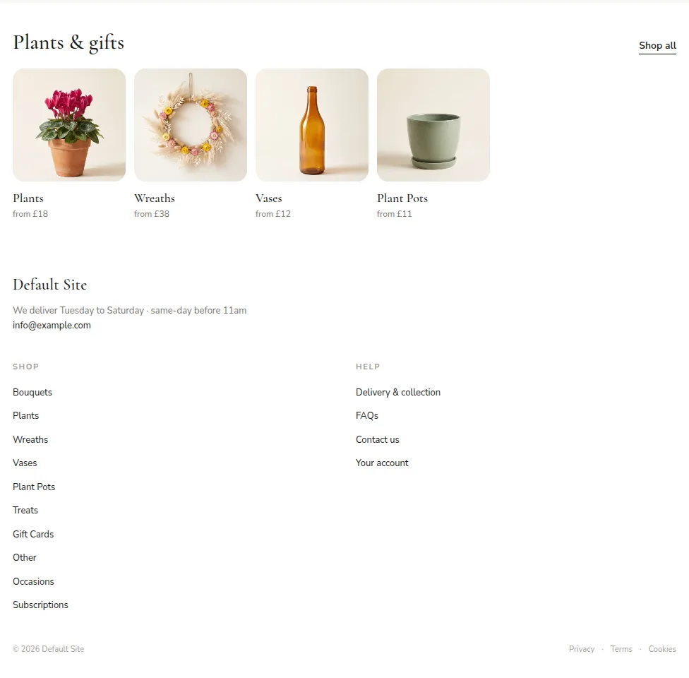 A storefront's footer, with the address and contact details.