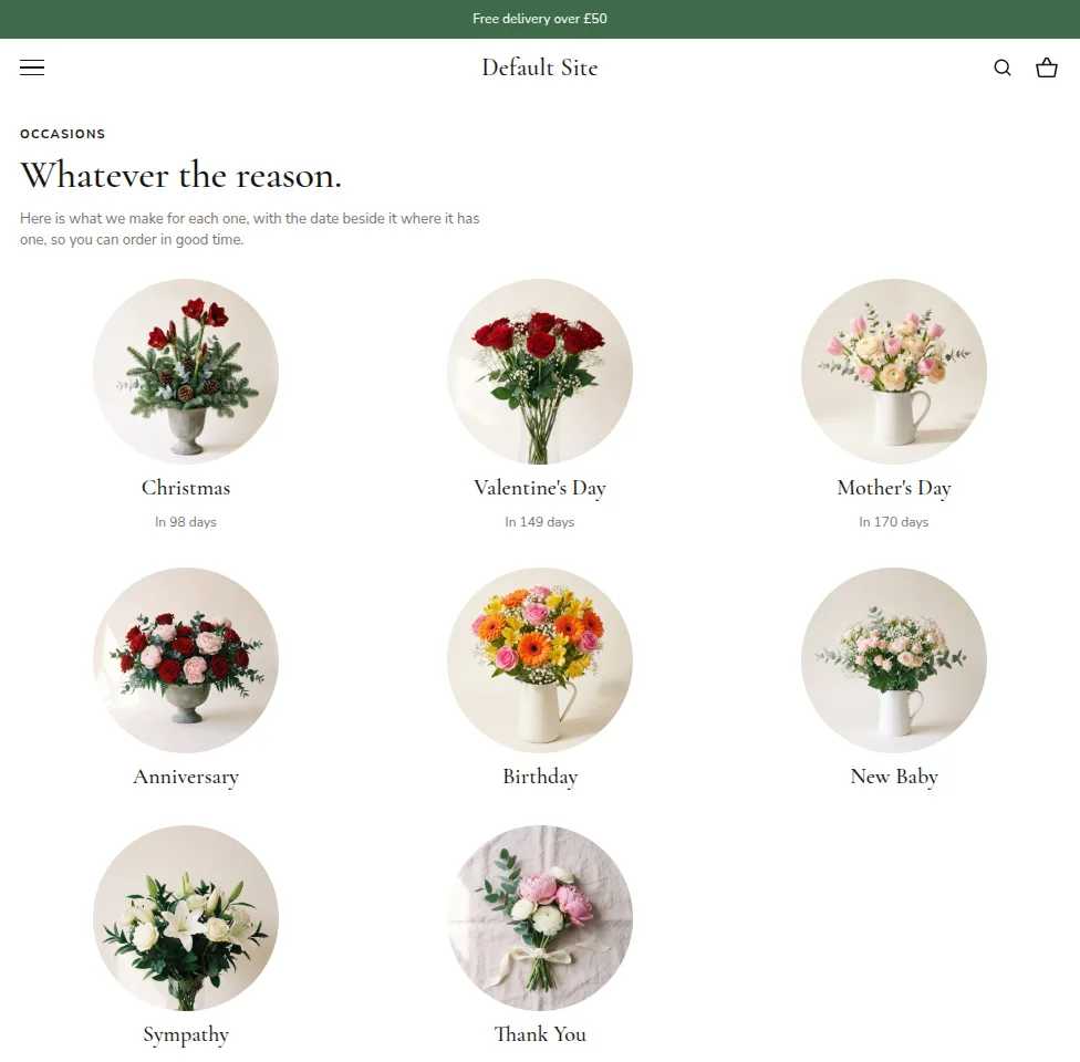 A storefront's occasions page.